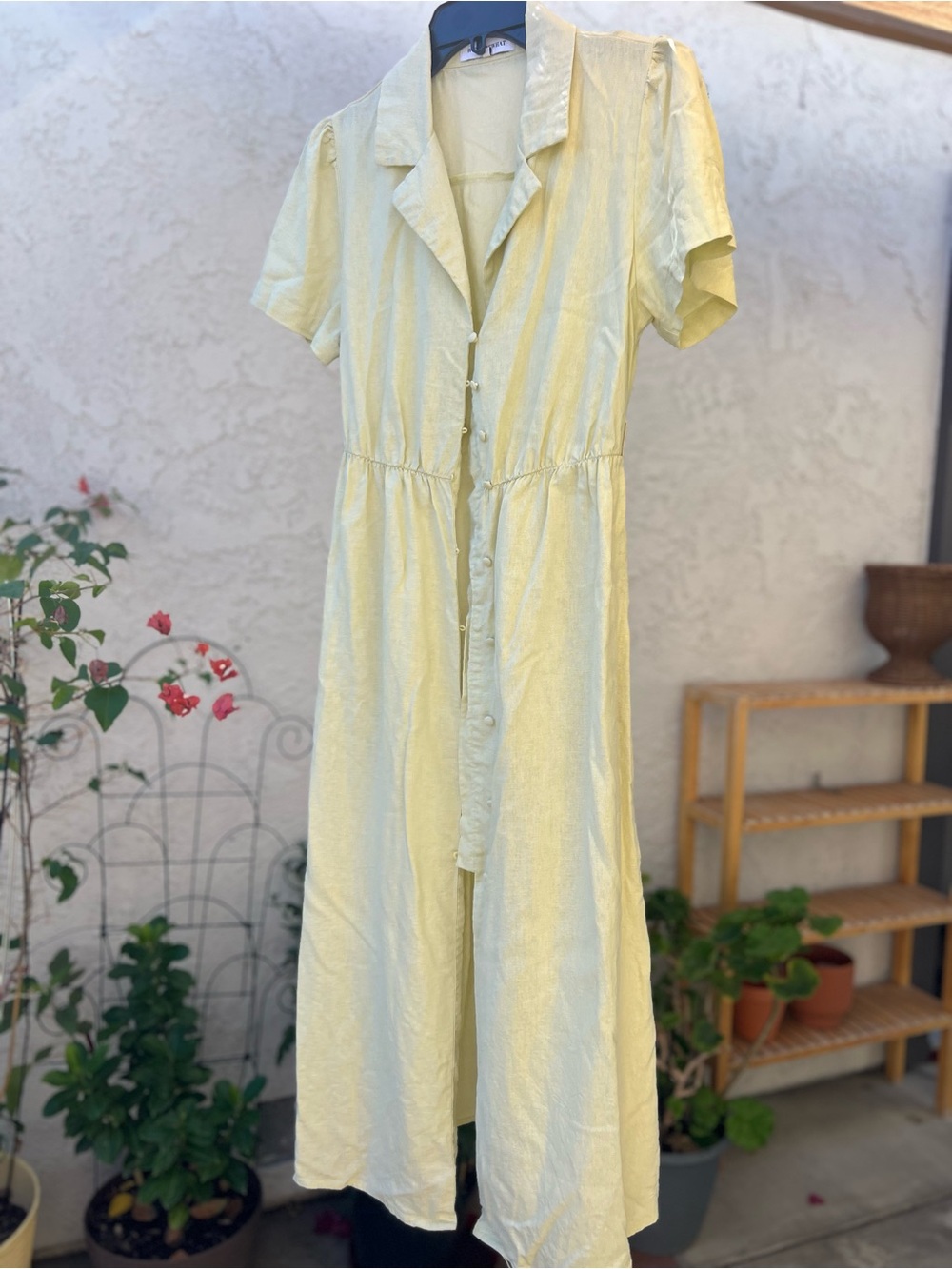 Light Yellow (Light Chartreuse) Midi Button-Front Dress, Short Sleeves, Pockets